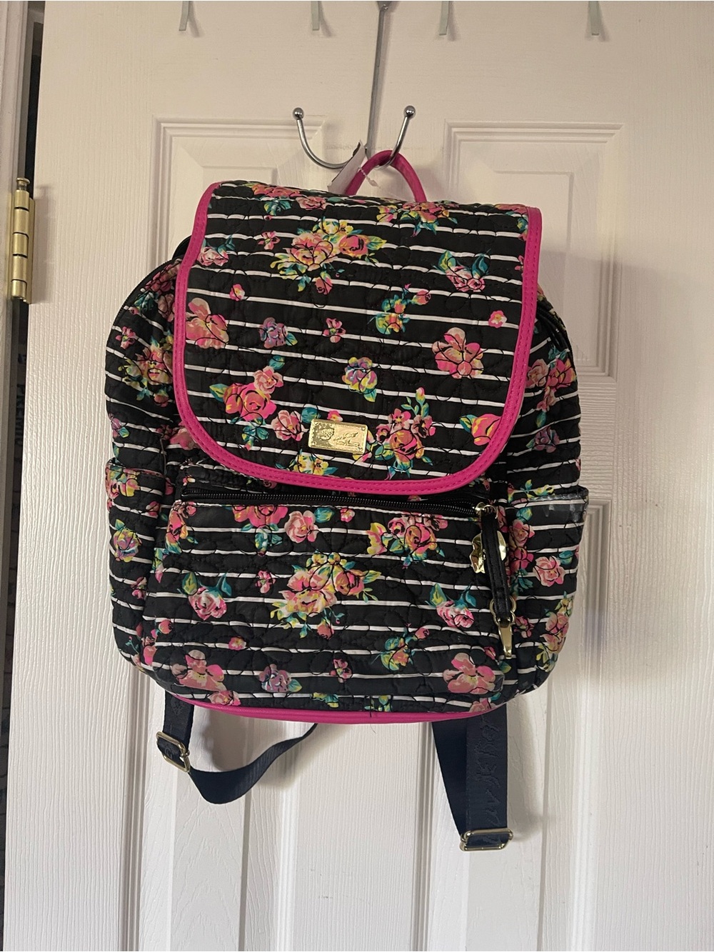 Betsey Johnson Black Quilted Backpack with Pink Trim and Floral Print